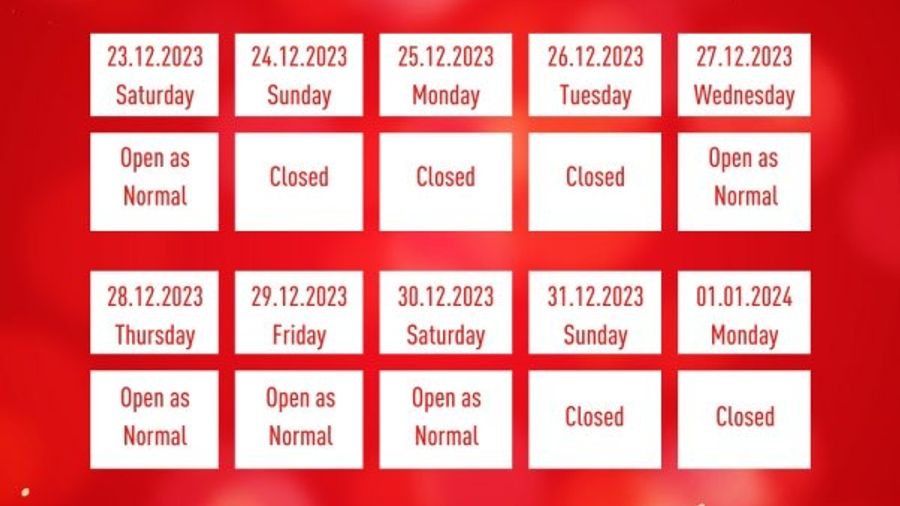Holiday Schedule Announcement: Christmas & New Year Opening Hours